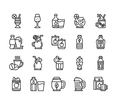 20 set of outline web beverage icons such as champagne,  , coffee, beer, tea vector thin icons for report, presentation, diagram, web design, mobile app