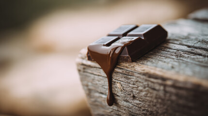 Dark chocolate melting on rustic wooden surface