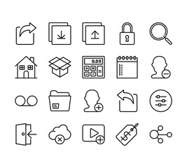 20 set of outline web essentials icons such as download, home, voicemail, enter, add video vector thin icons for report, presentation, diagram, web design, mobile app