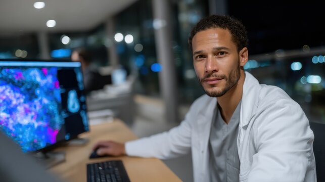 A diligent healthcare professional meticulously analyzes medical images on a computer, highlighting the blend of expertise and technology in advancing patient care in healthcare settings.