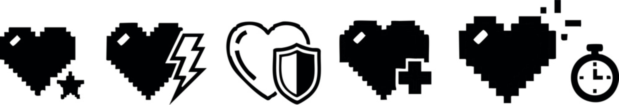 Pixelated black and white heart icons with shield, lightning, puzzle, star, and stopwatch vector illustration 