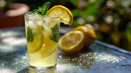 Refreshing lemon and mint drink served on a sunny day in a garden setting with fresh lemons in the background