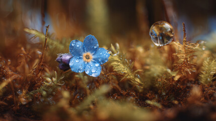Blue forget me not flower with water droplets on moss