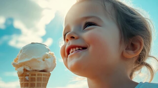 Little Girl Joyfully Enjoying Ice Cream Cone on Sunny Day