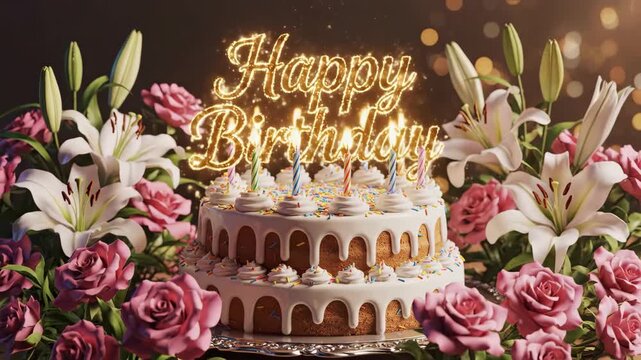 A beautifully decorated birthday cake with candles, surrounded by flowers, and a 'Happy Birthday' sign.