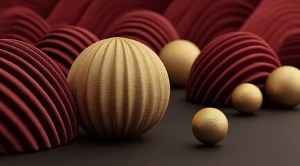 Gold and red ball is surrounded by other balls. The gold ball is the center of attention. The image has a festive