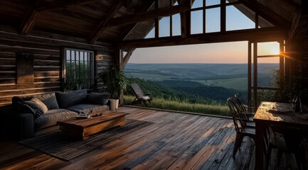 Fototapeta premium Large open living room with a wooden floor and a view of the mountains. The room is filled with furniture