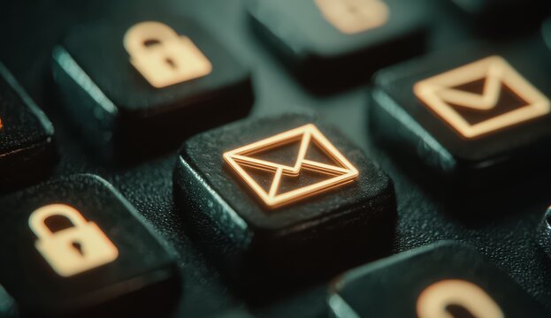 Keyboard with a black and gold envelope key. Concept of importance and security