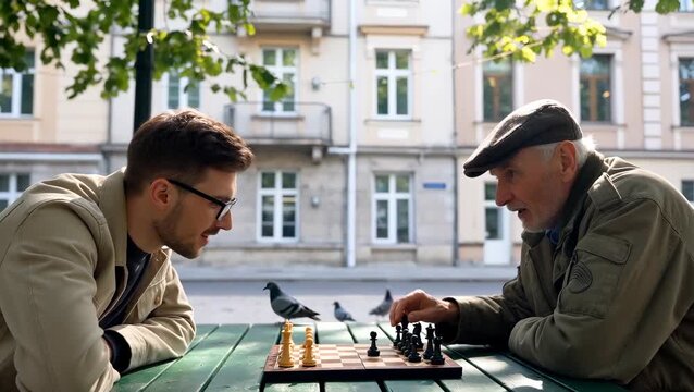 Two Men Playing Chess in a Park