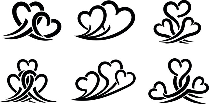 Abstract heart shapes vector collection in black simple line art style 