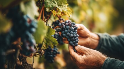 Naklejka premium Harvesting ripe grapes in a vineyard during afternoon light with hands gently picking perfect clusters