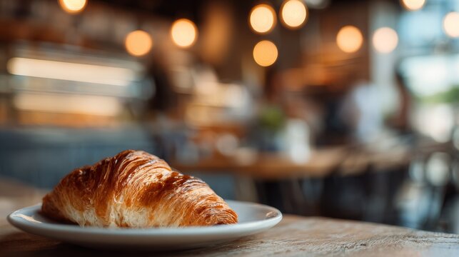 Warm croissant served on a plate in a cozy cafe during morning hours filled with soft lighting and busy patrons
