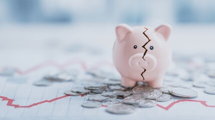 Broken Piggy Bank with Coins and Declining crisis Market