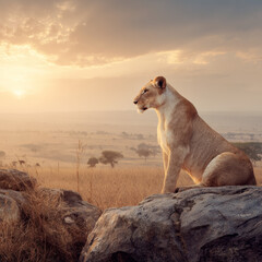 Lioness sitting on rock overlooking African savanna at sunset