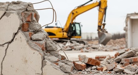 Yellow excavator demolishing a building with rubble and debris in the foreground on a cloudy day