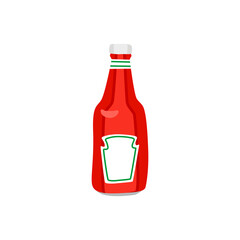 Tomato Ketchup Bottle Illustration – Red Condiment Packaging with Blank Label on White Background