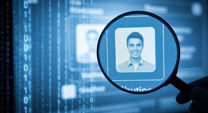 Magnifying glass focusing on a digital profile with binary code in a blue toned background
