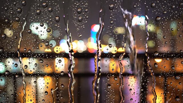 Gotas de &aacute;gua em vidro de janela, padr&atilde;o natural de chuva, foco seletivo, vista noturna da cidade e varanda ao fundo, espa&ccedil;o para texto, abstrato e atmosf&eacute;rico