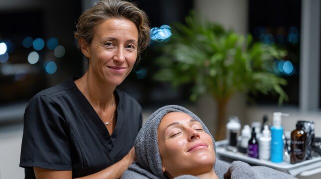 A serene spa scene where a client enjoys a rejuvenating facial treatment while being attentively cared for by a professional esthetician, surrounded by calming decor.