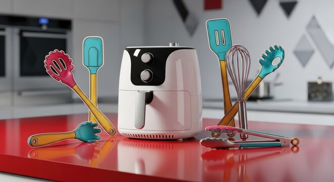 A white air fryer surrounded by kitchen utensils on a red countertop in a modern kitchen - Powered by Adobe
