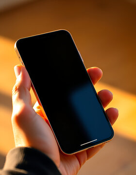 Hand holding modern smartphone with empty screen. Mobile phone mockup for app developers and designers. Ideal for showcasing digital products and mobile applications.
