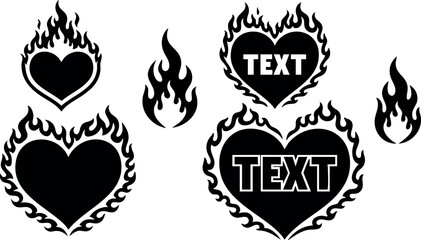 Heart and flame vector icons with editable text elements in black silhouette style