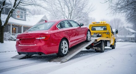 Red car on a tow truck in a snowy neighborhood with houses and bare trees during a winter storm day