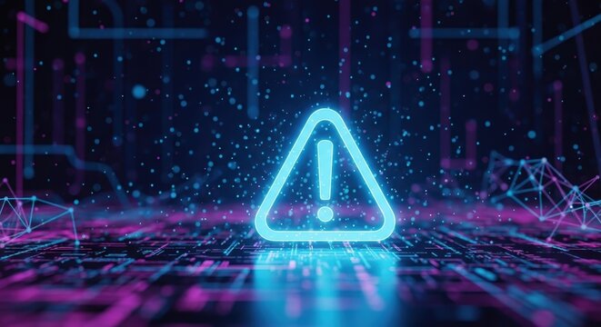 Glowing blue exclamation mark in triangle on a dark digital background with network connections