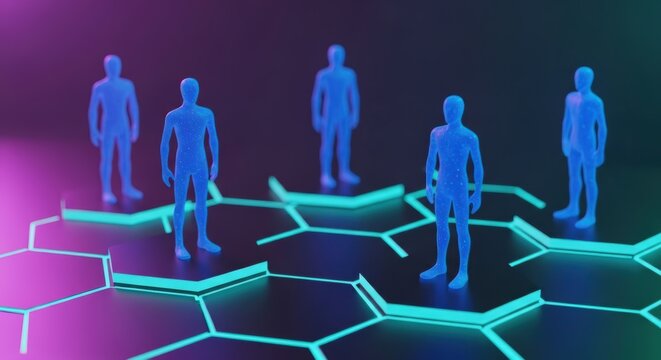 Blue human figures stand on glowing hexagonal grid in a futuristic neon lit environment concept art