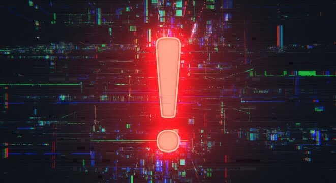 A glowing red exclamation point against a dark abstract background with digital glitching effects