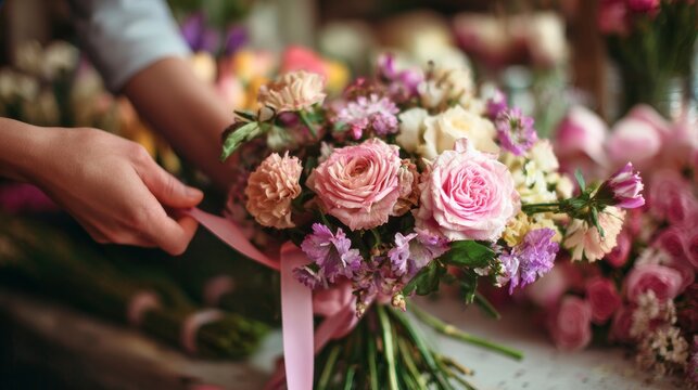 Florist arranging a beautiful bouquet of pink and purple flowers in a shop during daylight hours