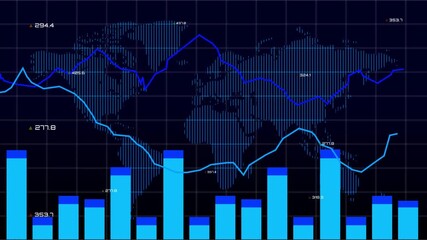 Animation of financial bar graph charts on a world map background, suitable for presentations, financial reports, data analysis videos. Dynamic evolution. - Powered by Adobe