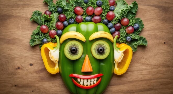 A creative face made of fruits and vegetables on a wooden surface with a whimsical and playful design