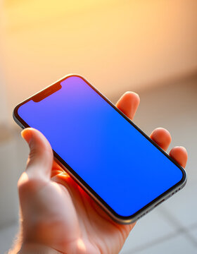 Hand holding modern smartphone with empty screen. Mobile phone mockup for app developers and designers. Ideal for showcasing digital products and mobile applications.

