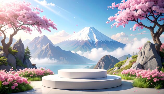 Serene mountaintop stage with blossoming cherry trees