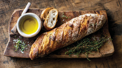 Rustic baguette with olive oil, herbs, and sea salt