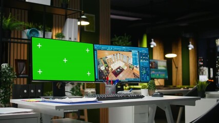 Isolated chroma key screen next to CAD software on multiple monitors, space used for interior design and floor plan planning via architectural program with 3D remodeling. Creativity.
