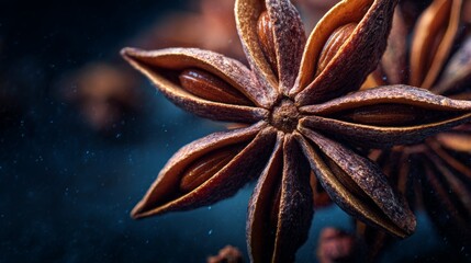 Star anise close-up showcasing rich texture and unique shape against a dark background in culinary setting