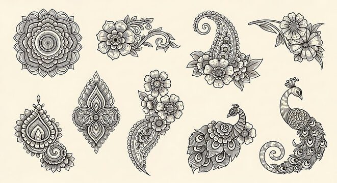 Intricate, isolated Mehndi PNG vectors for wedding design