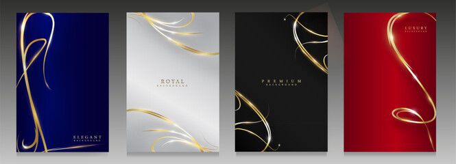 Luxury abstract background collection featuring elegant golden curved lines on deep blue, white, black, and red gradients. Modern premium templates perfect for invitations, posters, branding.