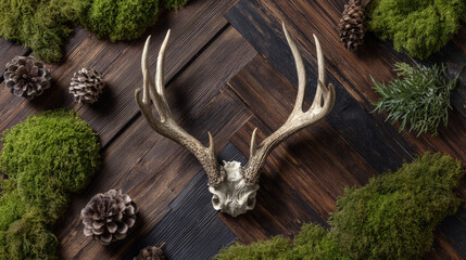 Deer skull with antlers on rustic wooden background