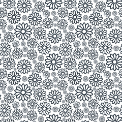 Small black and blue outline flowers isolated on a white background. Monochrome floral seamless pattern. Simple flat vector graphic illustration. Texture.