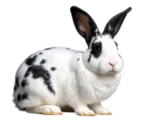 Adorable fluffy white and black spotted rabbit with long ears, gentle animal, transparent background.