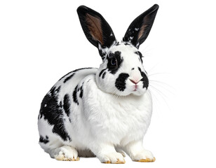 Adorable fluffy white and black spotted rabbit with long ears, gentle animal, transparent background.