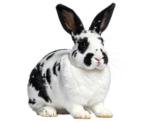 Adorable fluffy white and black spotted rabbit with long ears, gentle animal, transparent background.