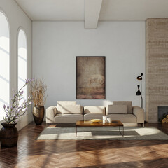 Naklejka premium Large luxury modern bright interiors Living room mockup illustration 3D rendering image