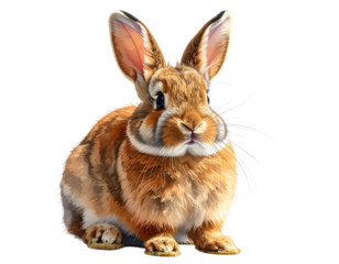 Adorable fluffy brown rabbit with long ears, gentle animal, transparent background.