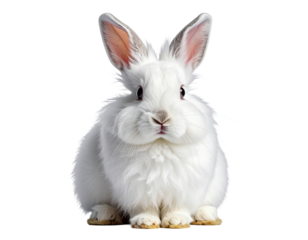 Adorable fluffy white rabbit with long ears, gentle animal, transparent background.