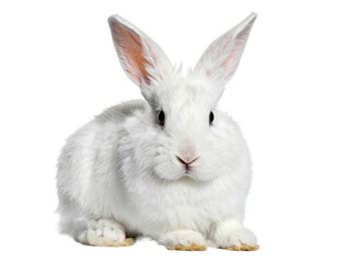 Adorable fluffy white rabbit with long ears, gentle animal, transparent background.