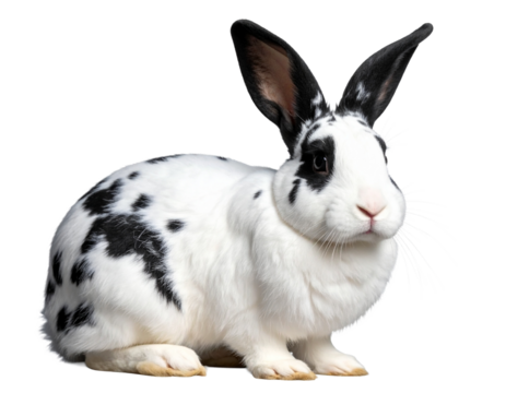 Adorable fluffy white and black spotted rabbit with long ears, gentle animal, transparent background.